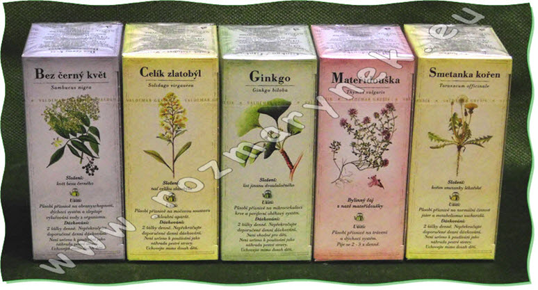 Grešík - jednodruhové bylinné čaje (Bez černý květ, Celík zlatobýl, Ginkgo, Mateřídouška, Smetánka kořen)
